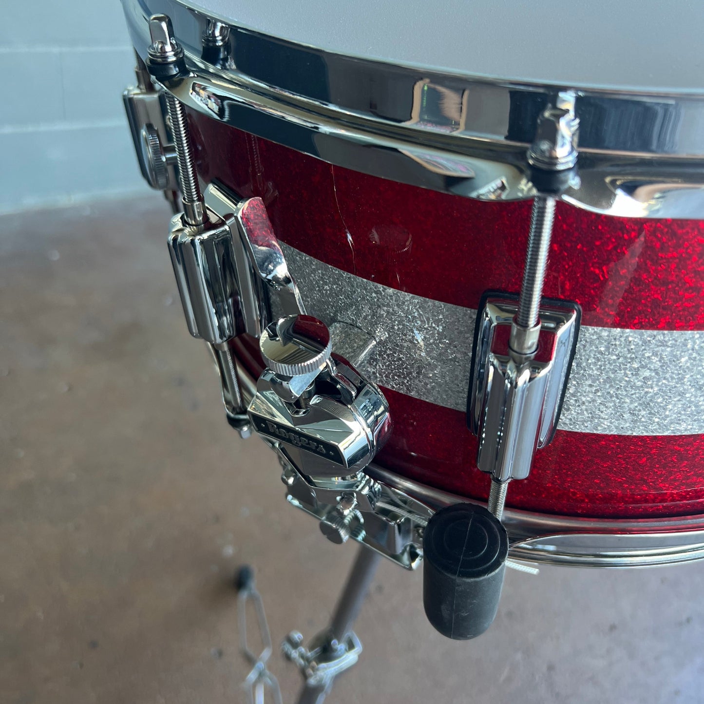 Rogers Dyna-Sonic Beavertail 6.5x14" Snare Drum in Red Sparkle w/ Silver Sparkle Stripe