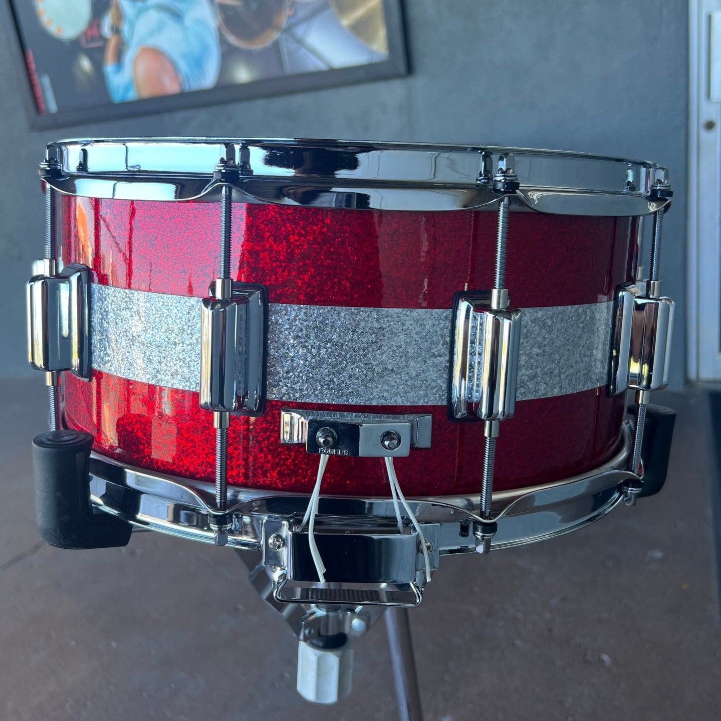 Rogers Dyna-Sonic Beavertail 6.5x14" Snare Drum in Red Sparkle w/ Silver Sparkle Stripe