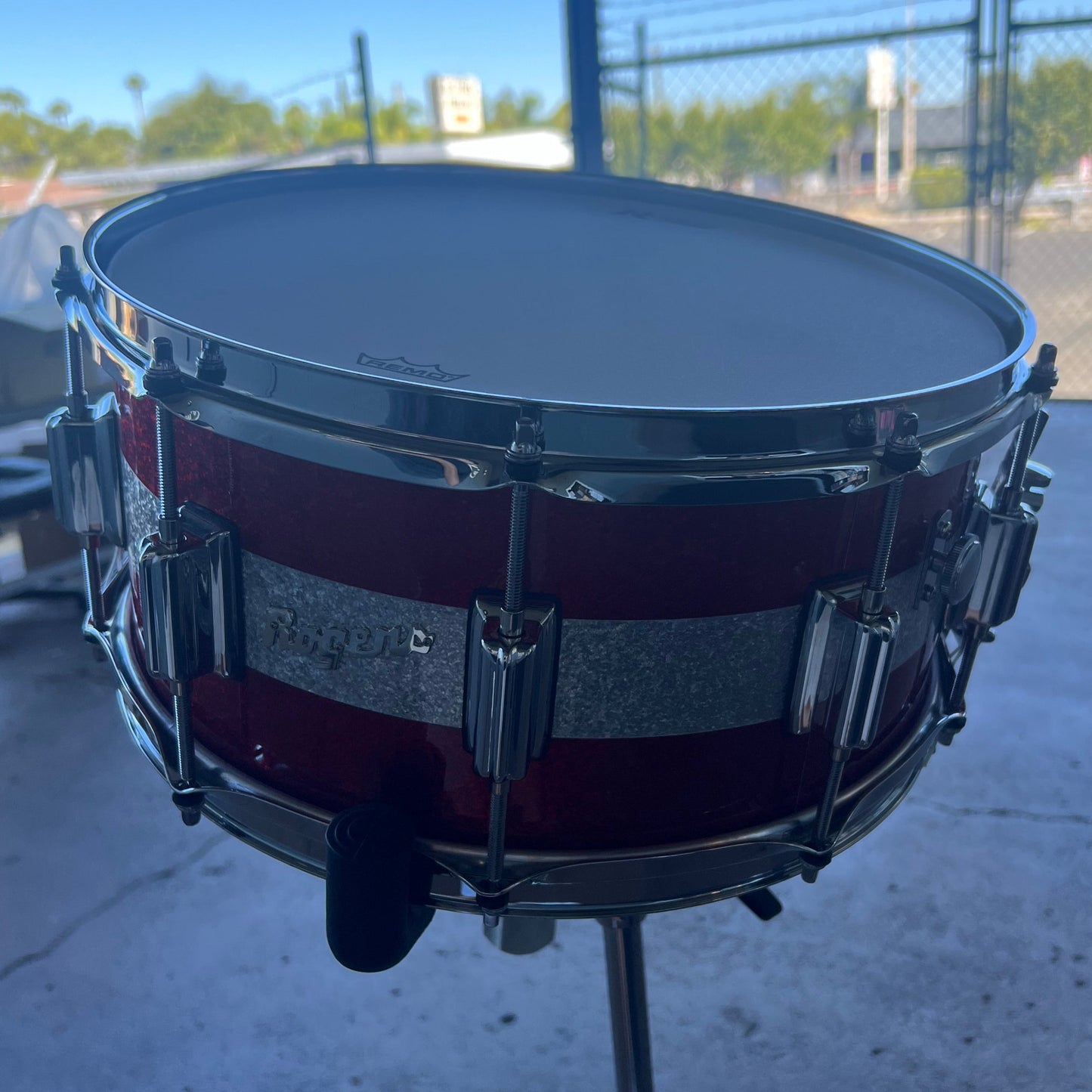 Rogers Dyna-Sonic Beavertail 6.5x14" Snare Drum in Red Sparkle w/ Silver Sparkle Stripe