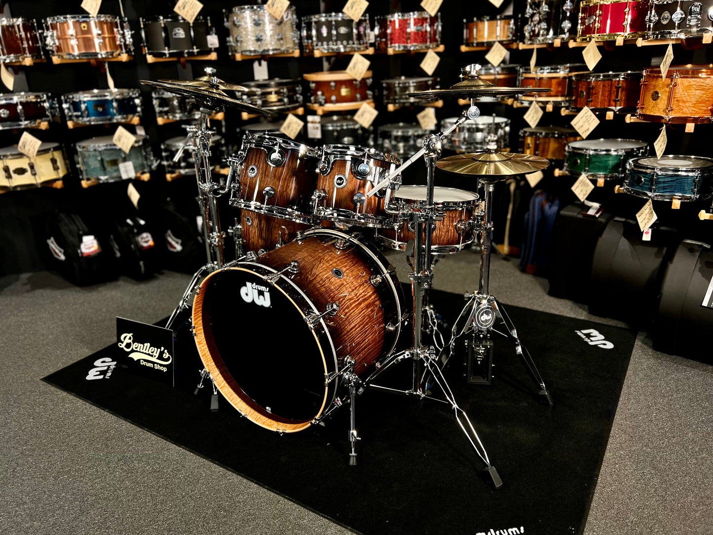 DWe Electronic Acoustic Exotic Drum Set Kit 10/12/16/22" with 14" Matching Snare, Hardware Pack, & Cymbal Pack in Curly Maple Exotic