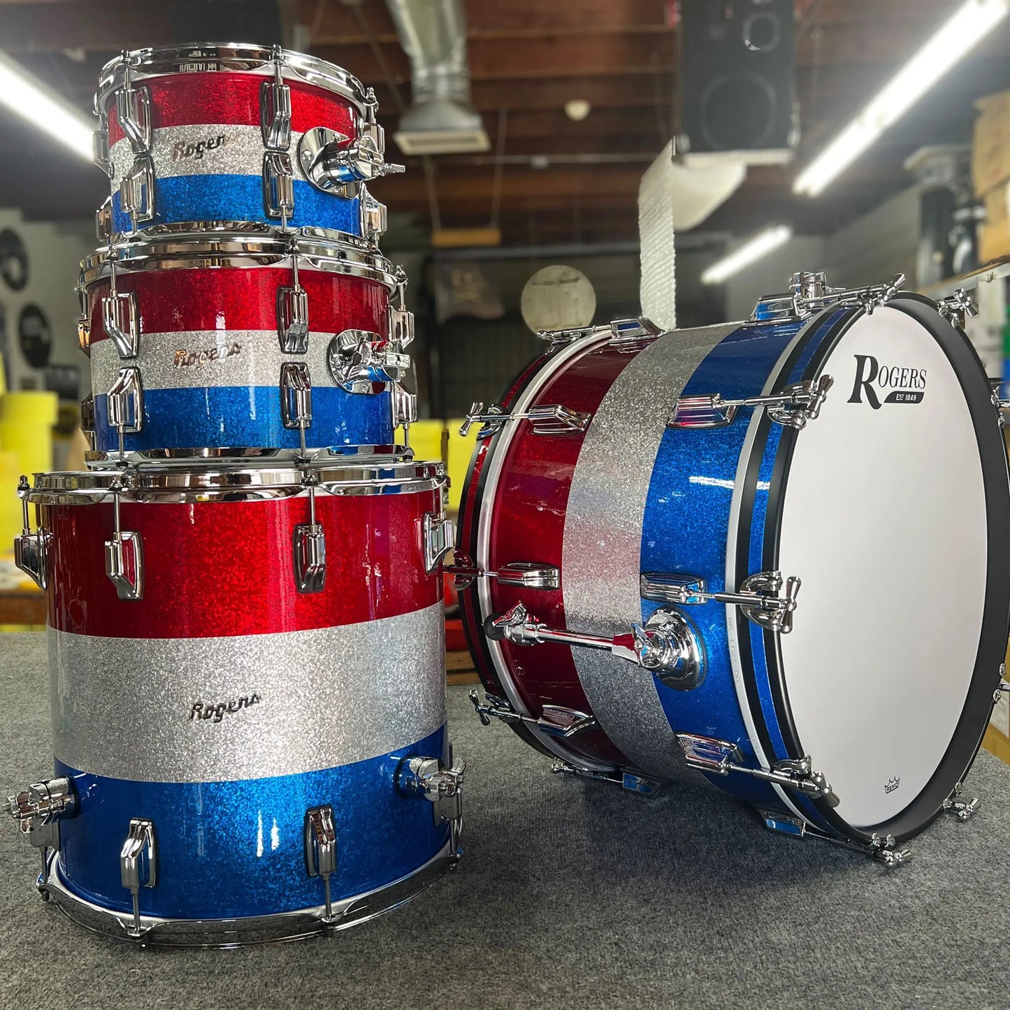 ~WOW!~ Rogers Powertone Series 4-Piece 10/12/16/22 Drum Kit Set in Red, White & Blue Sparkle (SAVE OVER $735!)
