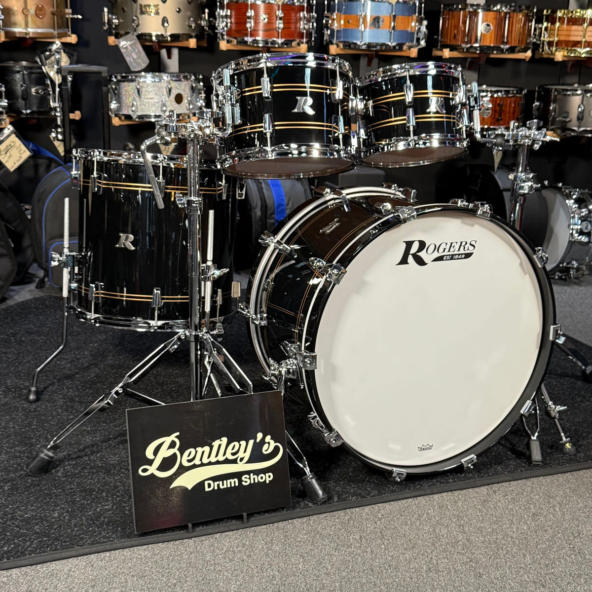 ~NEW!~ Rogers R-Series Maple 4-Piece 10/12/16/22 Drum Kit Set in Piano Black Gloss with Copper Pinstripe