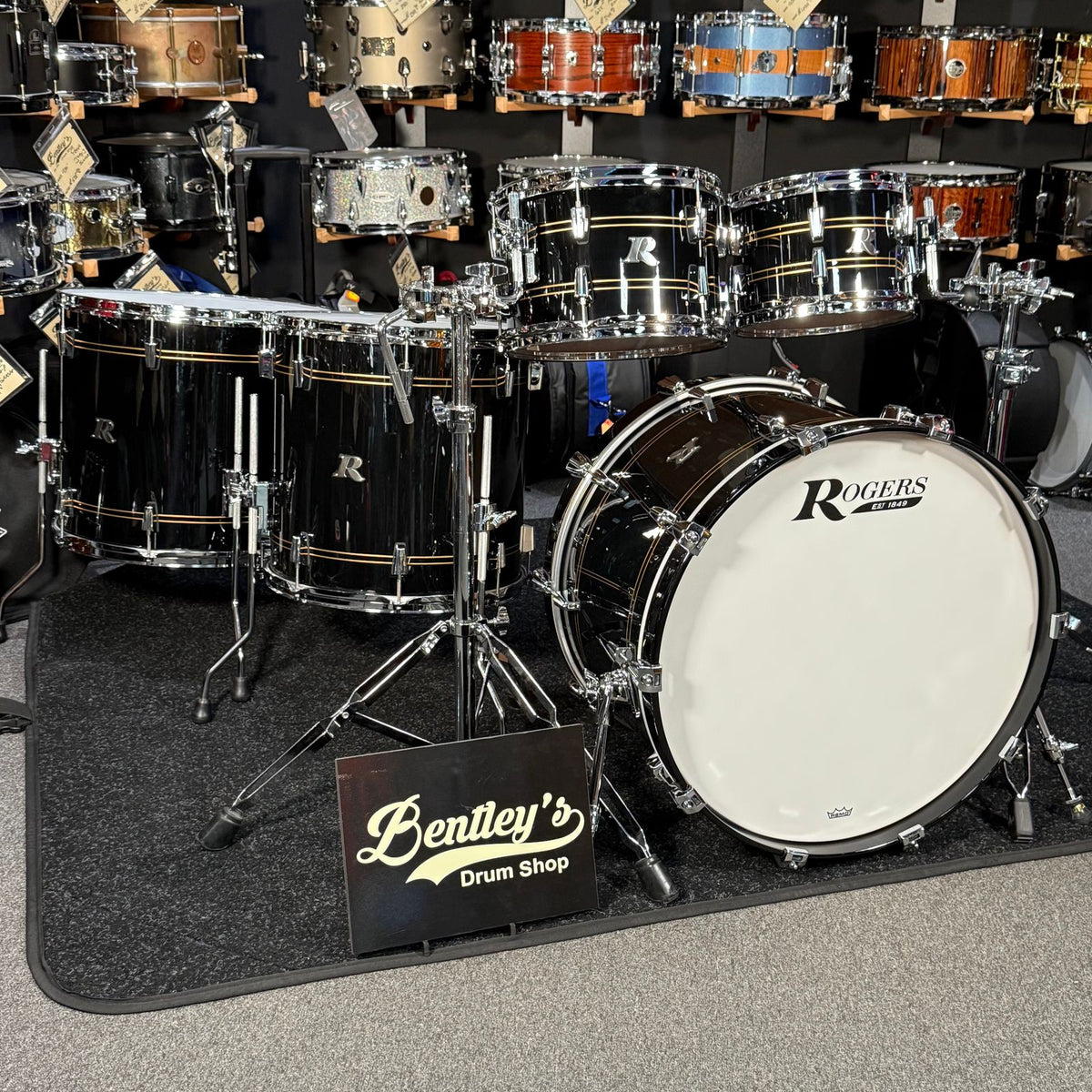 ~NEW!~ Rogers R-Series Maple 5-Piece 10/12/16/18/22 Drum Kit Set in Piano Black Gloss with Copper Pinstripe