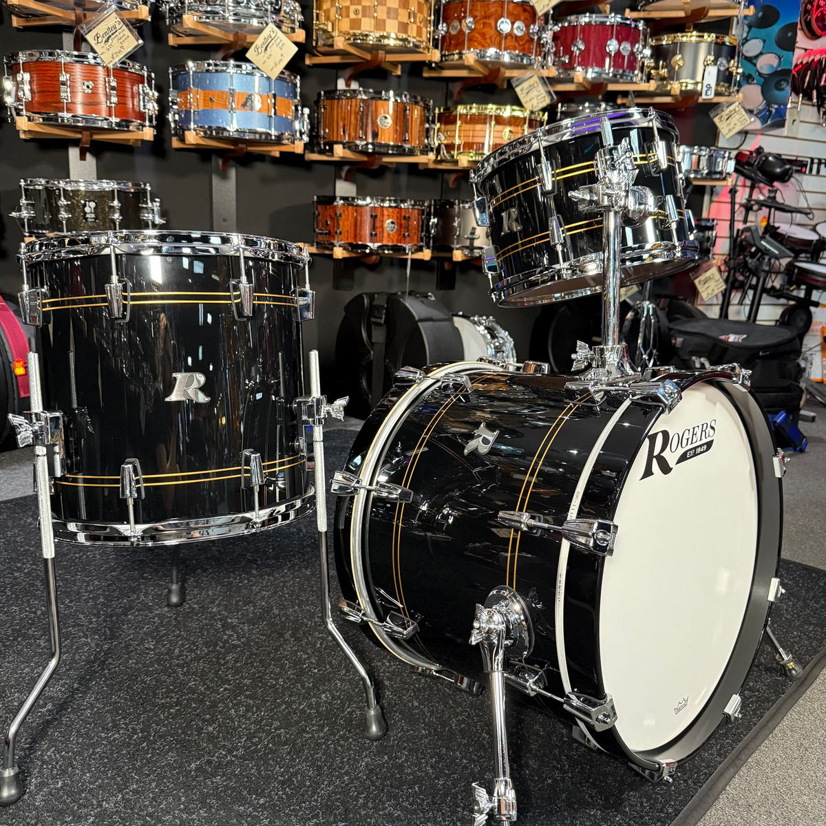 ~NEW!~ Rogers R-Series Maple 3-Piece 12/14/18 Bop Drum Kit Set in Piano Black Gloss with Copper Pinstripe