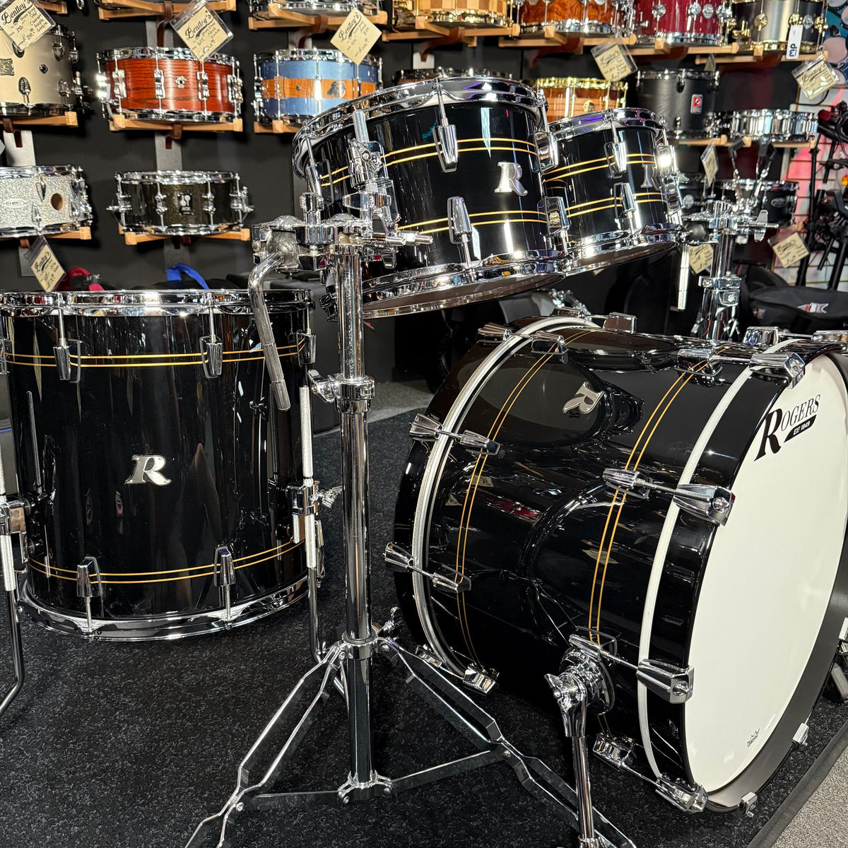 ~NEW!~ Rogers R-Series Maple 4-Piece 10/12/16/22 Drum Kit Set in Piano Black Gloss with Copper Pinstripe