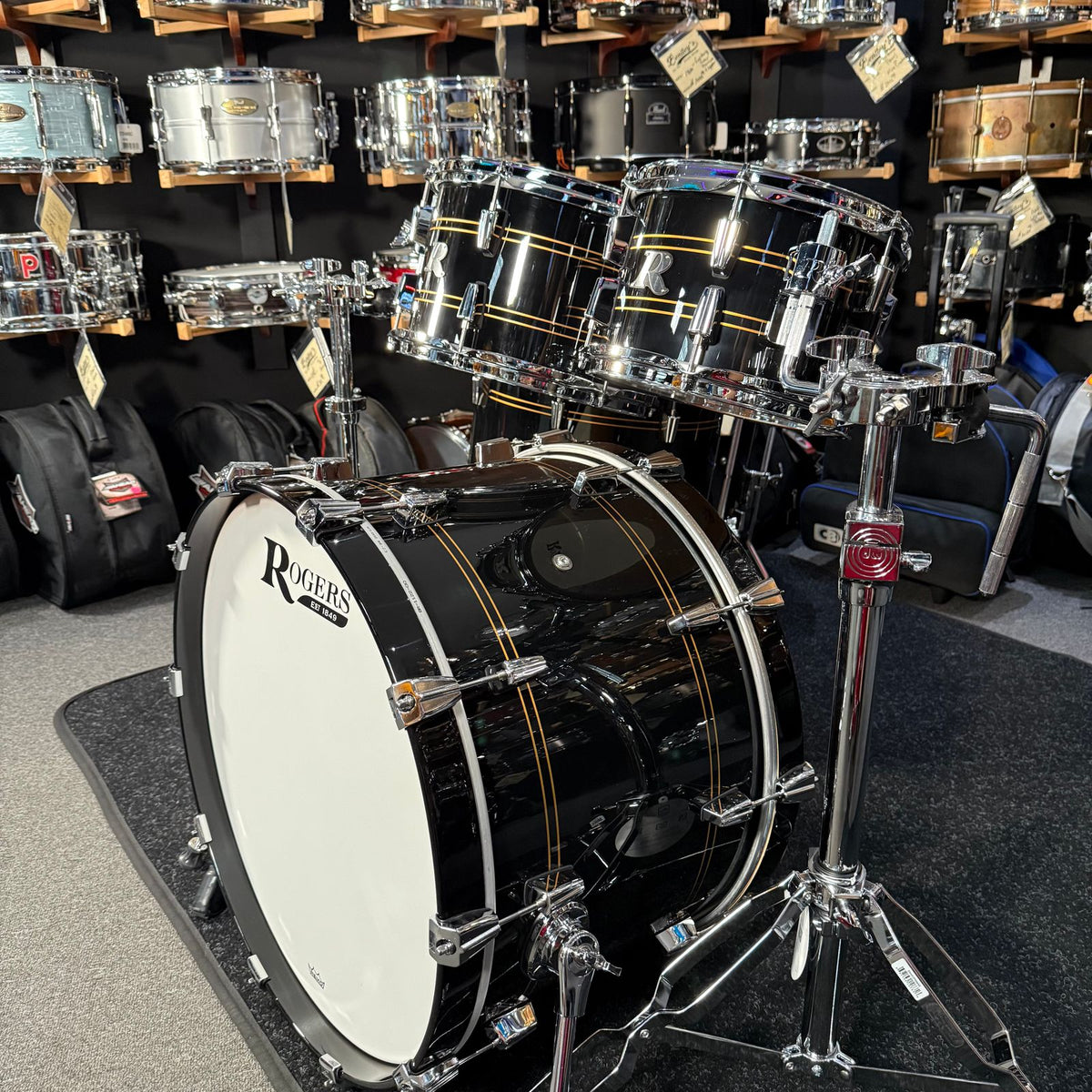~NEW!~ Rogers R-Series Maple 5-Piece 10/12/16/18/22 Drum Kit Set in Piano Black Gloss with Copper Pinstripe