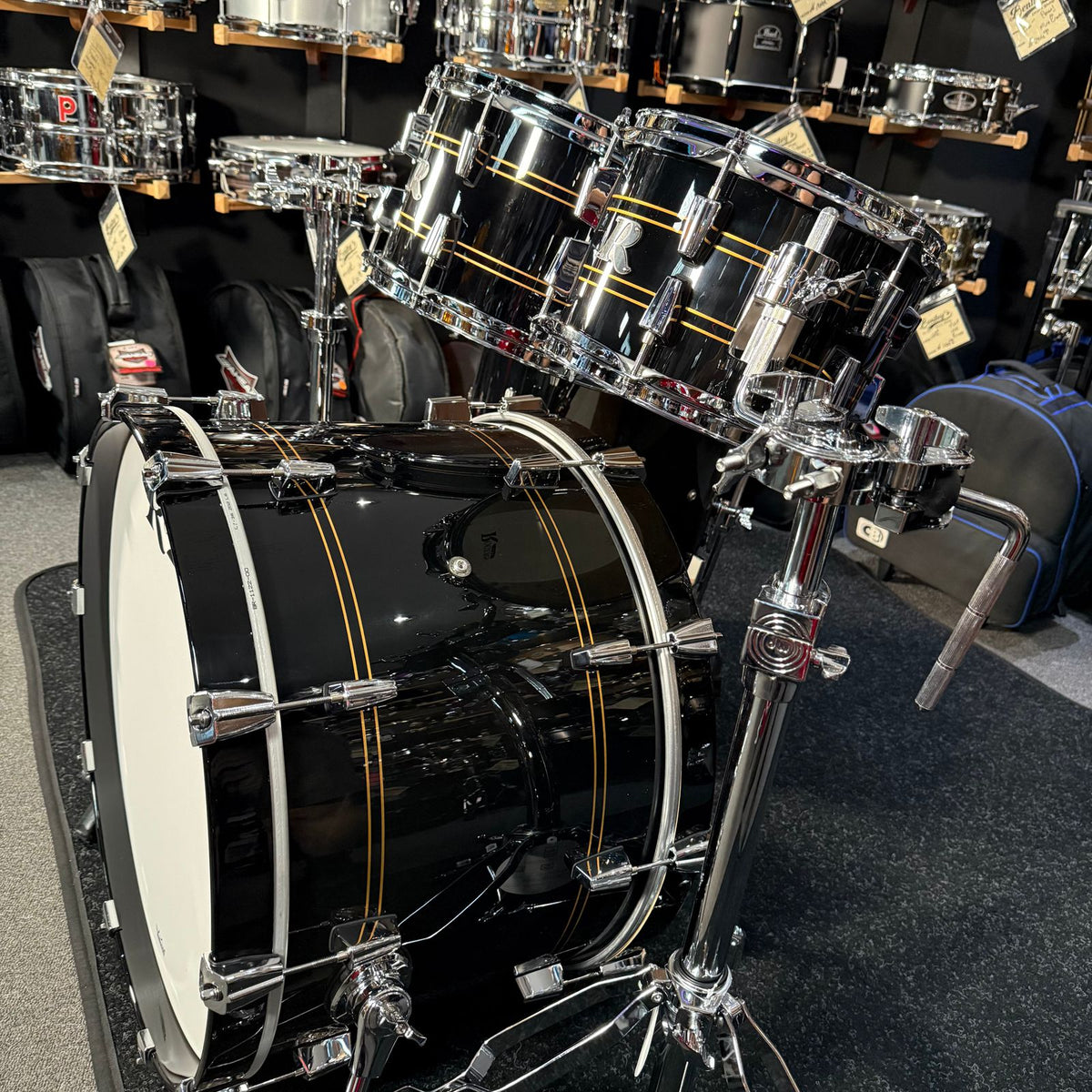 ~NEW!~ Rogers R-Series Maple 4-Piece 10/12/16/22 Drum Kit Set in Piano Black Gloss with Copper Pinstripe