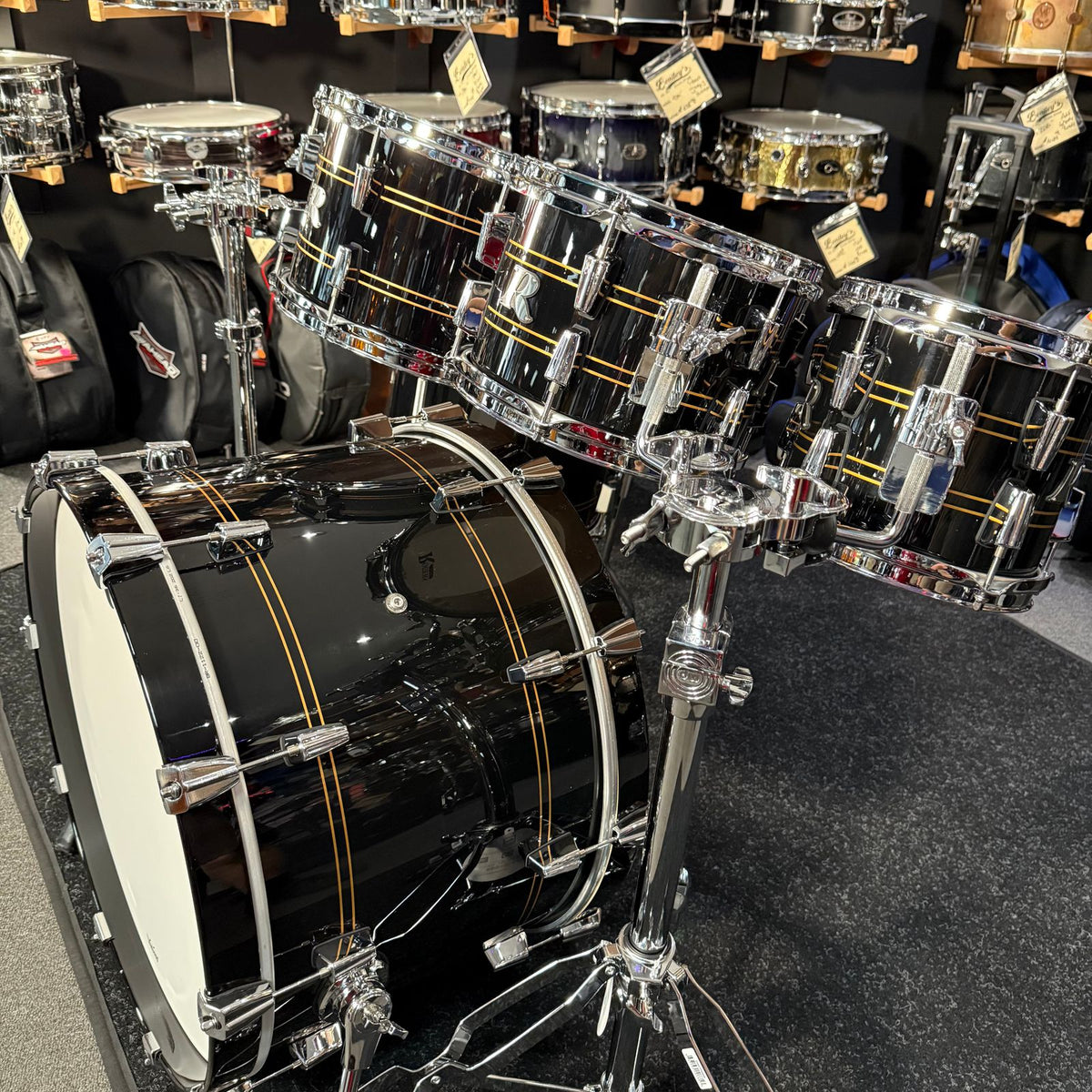 ~NEW!~ Rogers R-Series Maple 6-Piece 8/10/12/14/16/22 Drum Kit Set in Piano Black Gloss with Copper Pinstripe