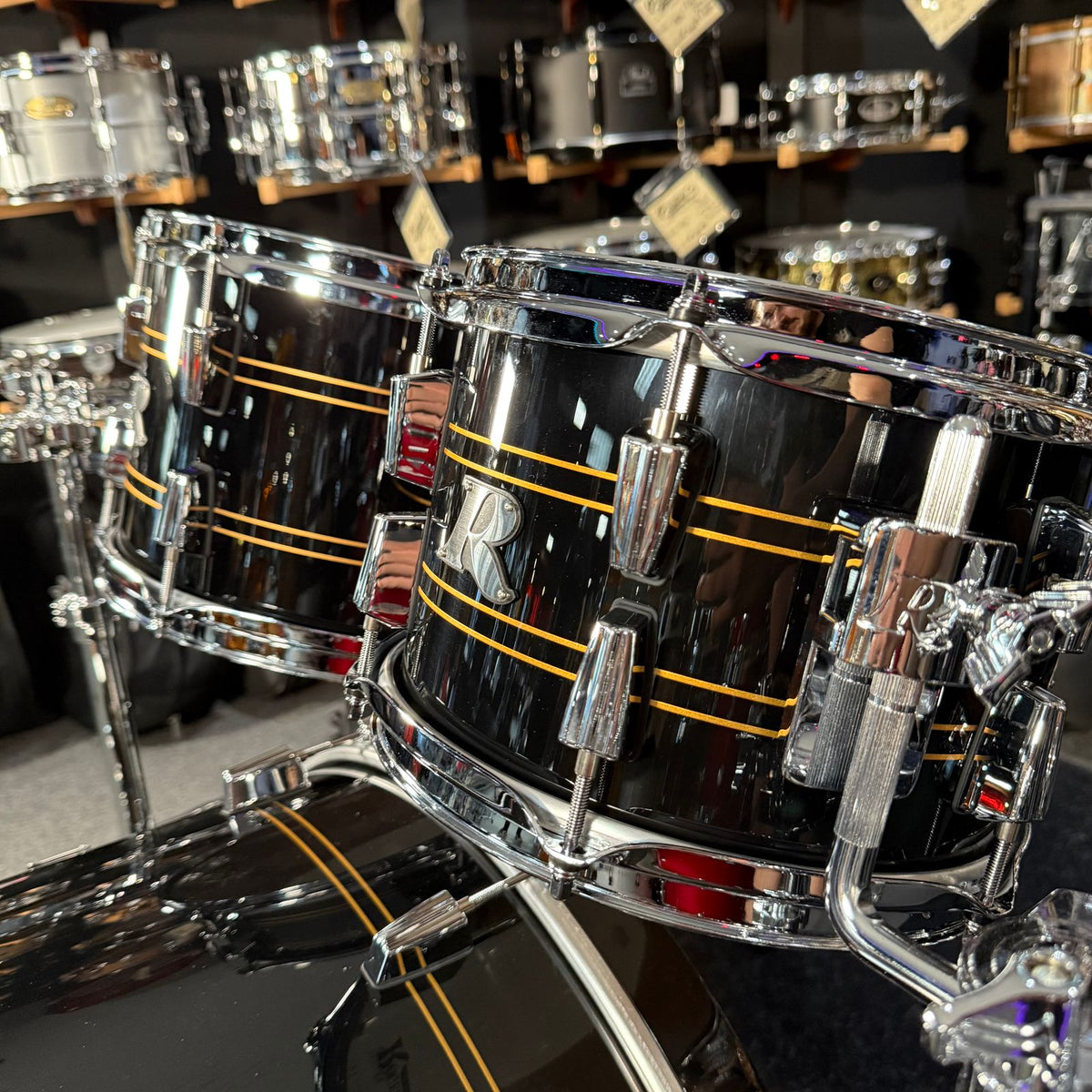 ~NEW!~ Rogers R-Series Maple 4-Piece 10/12/16/22 Drum Kit Set in Piano Black Gloss with Copper Pinstripe