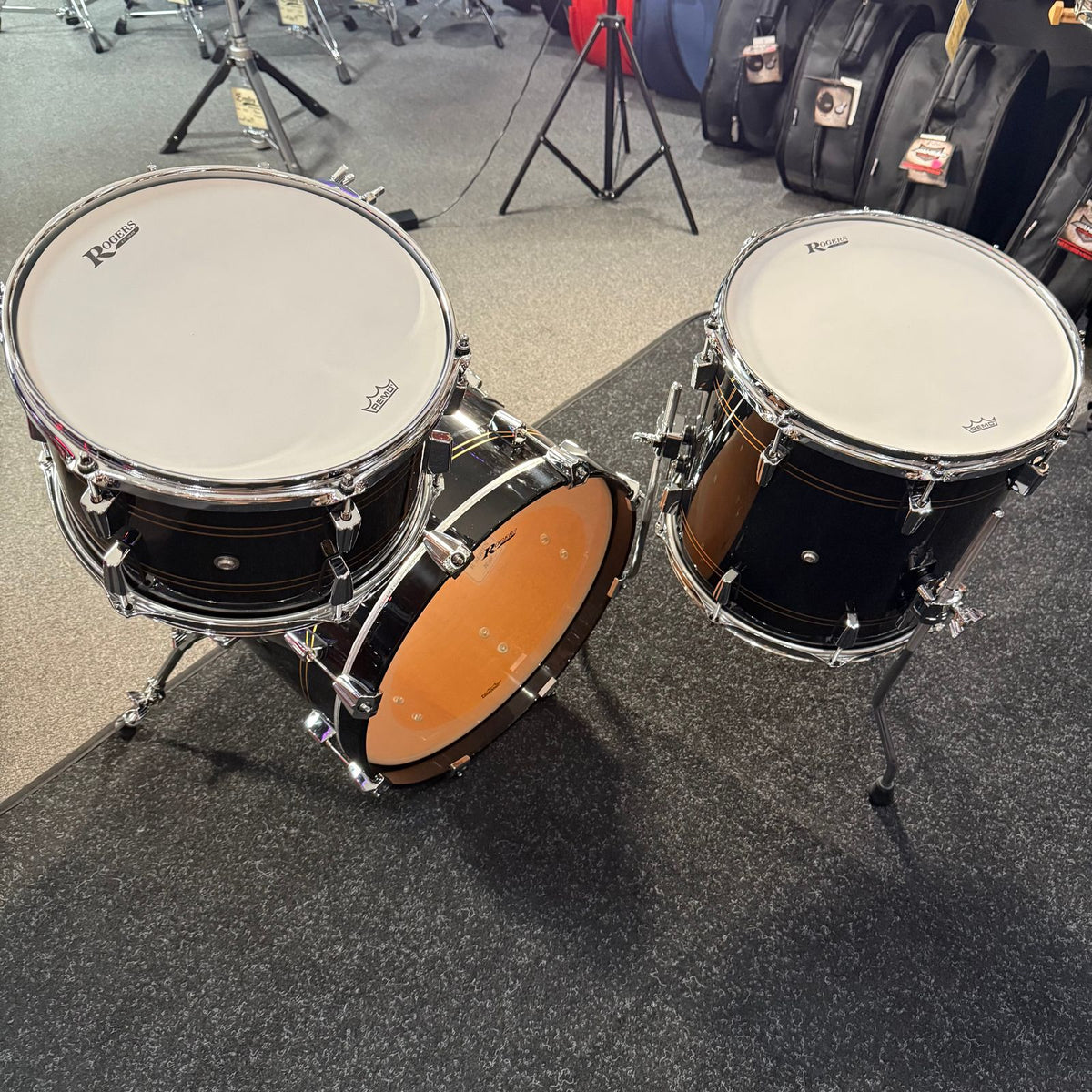 ~NEW!~ Rogers R-Series Maple 3-Piece 12/14/18 Bop Drum Kit Set in Piano Black Gloss with Copper Pinstripe