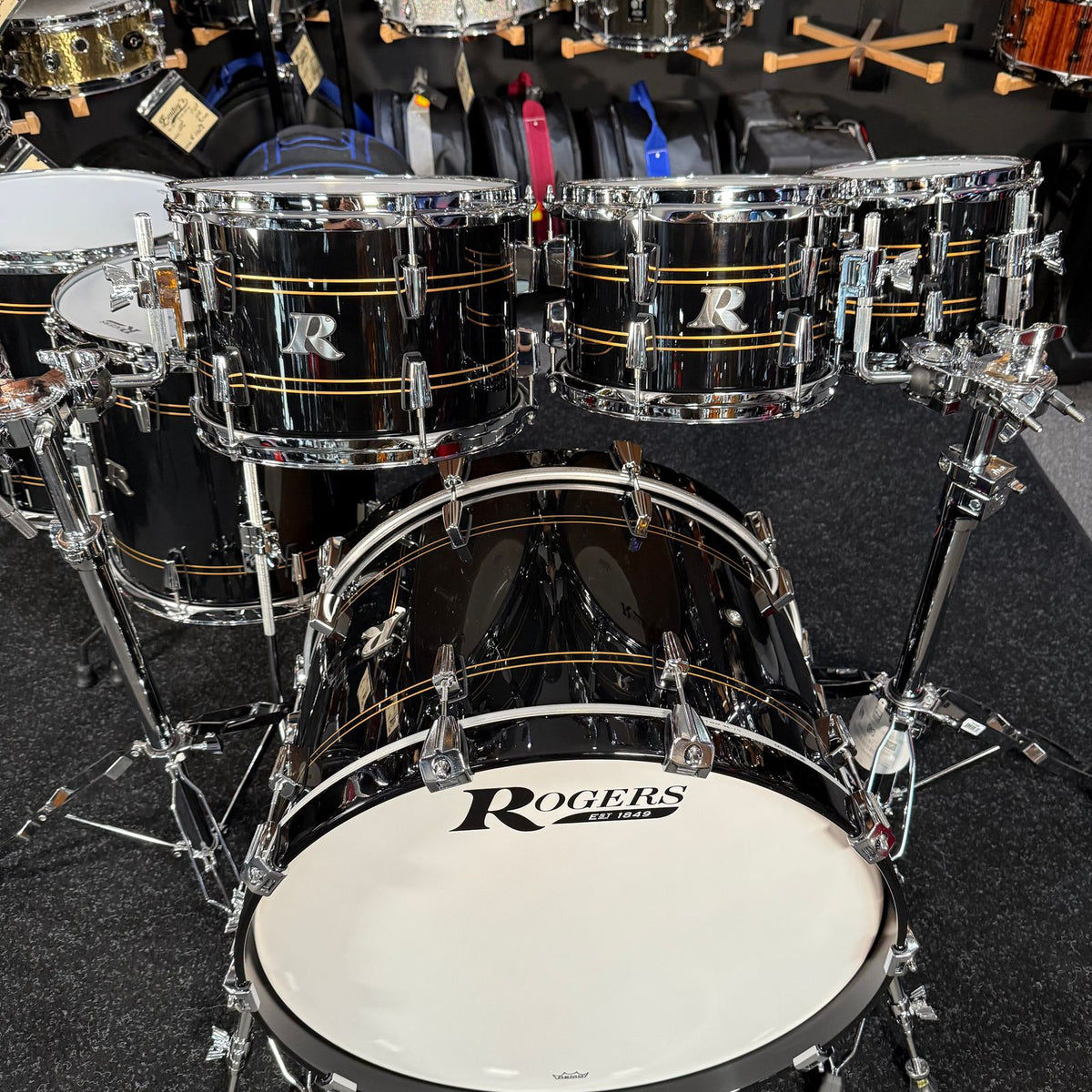 ~NEW!~ Rogers R-Series Maple 6-Piece 8/10/12/14/16/22 Drum Kit Set in Piano Black Gloss with Copper Pinstripe