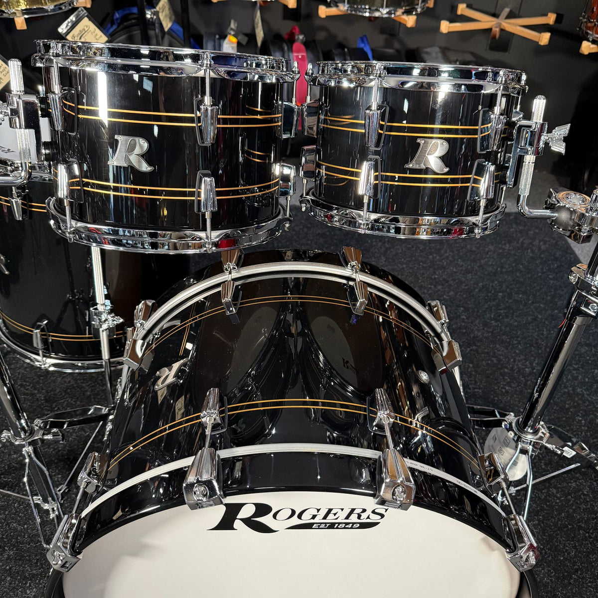 ~NEW!~ Rogers R-Series Maple 4-Piece 10/12/16/22 Drum Kit Set in Piano Black Gloss with Copper Pinstripe
