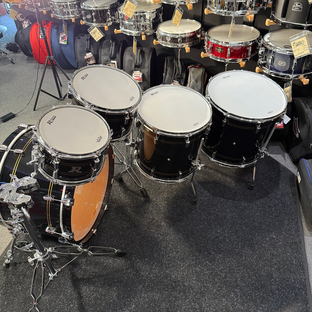 ~NEW!~ Rogers R-Series Maple 5-Piece 10/12/16/18/22 Drum Kit Set in Piano Black Gloss with Copper Pinstripe
