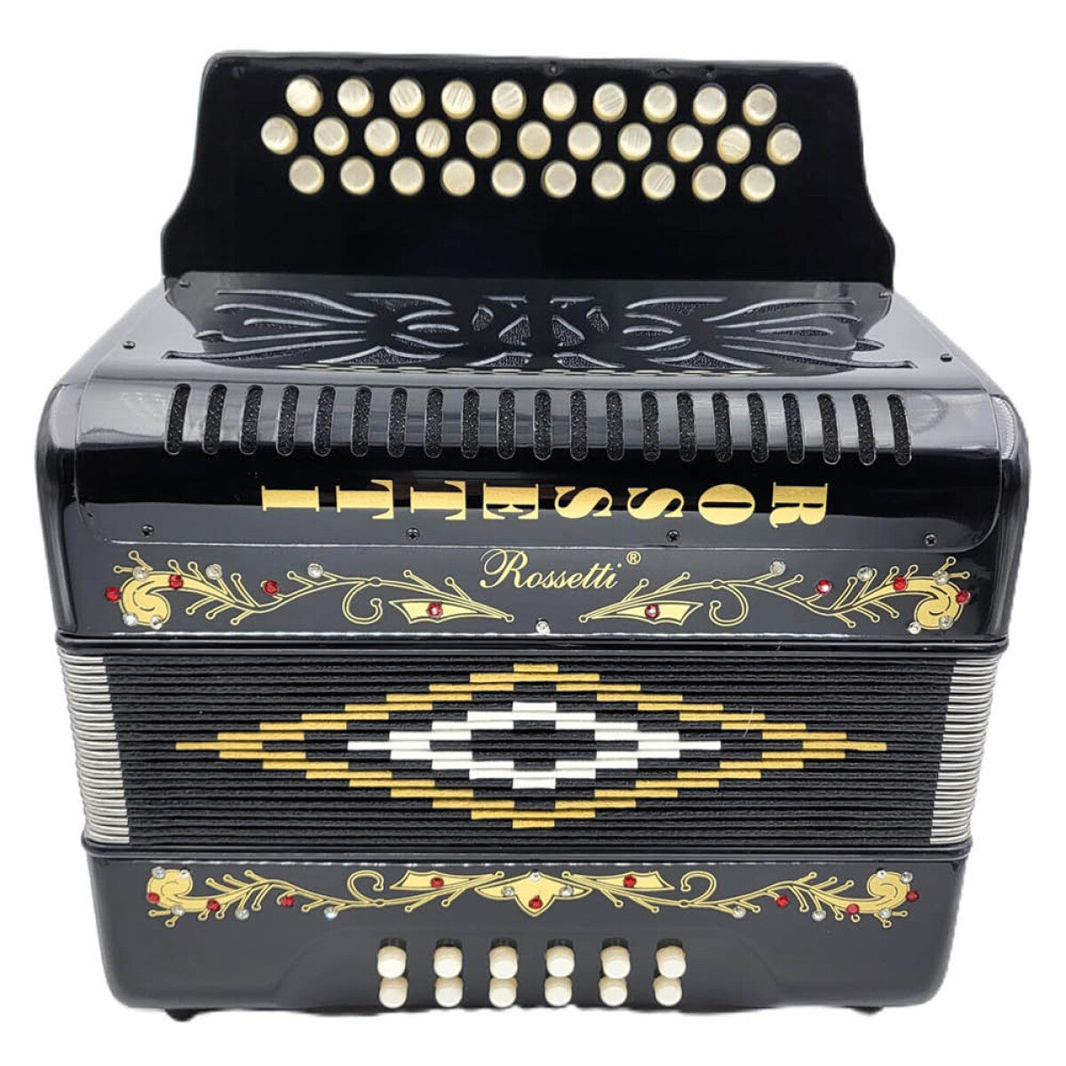 Rossetti 3112-FBE-BK 3 Row 31 Treble, 12 Bass Diatonic Button Accordion in Gloss Black - F, B, E Tuning