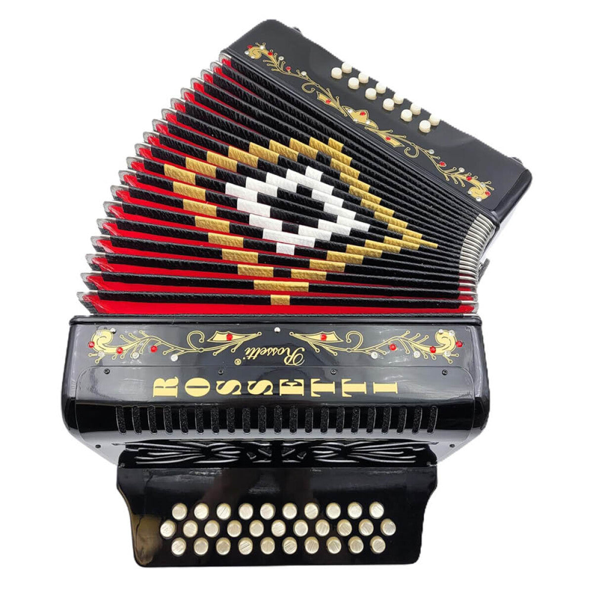 Rossetti 3112-FBE-BK 3 Row 31 Treble, 12 Bass Diatonic Button Accordion in Gloss Black - F, B, E Tuning