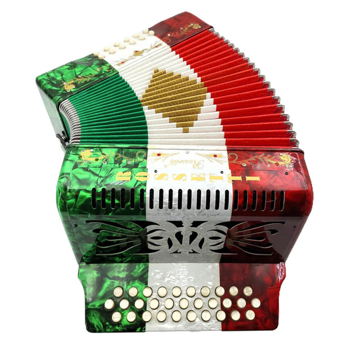 Rossetti 3112-FBE-RWG 3 Row 31 Treble, 12 Bass Diatonic Button Accordion in Red/White/Green - F, B, E Tuning