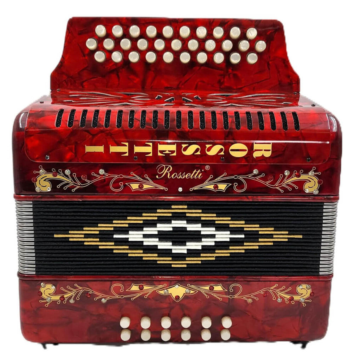 Rossetti 3112-GCF-RD 3 Row 31 Treble, 12 Bass Diatonic Button Accordion in Red - G, C, F Tuning