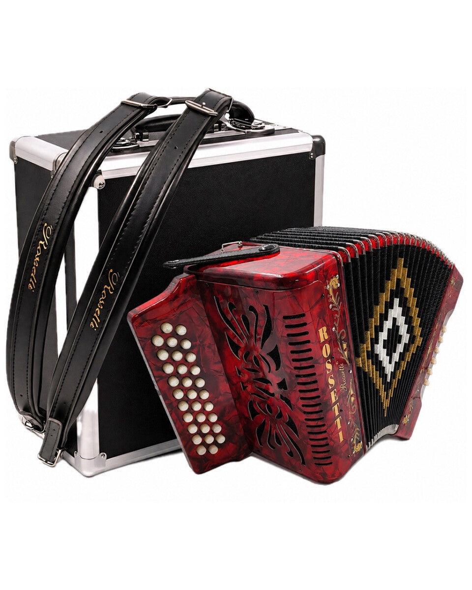 Rossetti 3112-GCF-RD 3 Row 31 Treble, 12 Bass Diatonic Button Accordion in Red - G, C, F Tuning