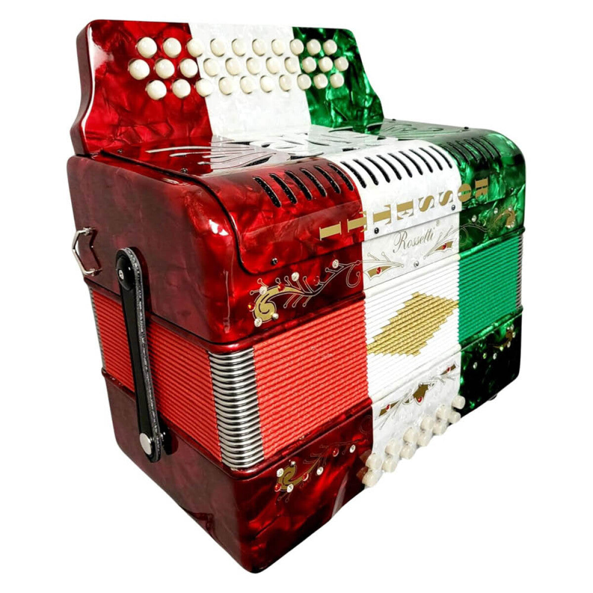 Rossetti 3112-GCF-RWG 3 Row 31 Treble, 12 Bass Diatonic Button Accordion in Red/White/Green - G, C, F Tuning