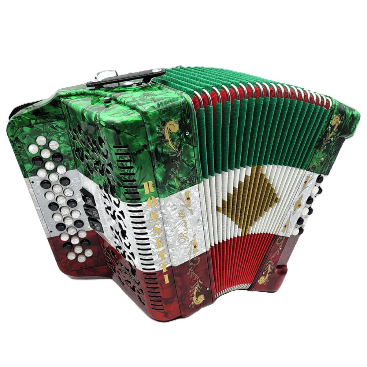 Rossetti 3412-FBE-RWG 3 Row, 3-Switch, 34 Treble, 12 Bass Diatonic Button Accordion in Red/White/Green - F, B, E Tuning