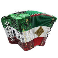 Rossetti 3412-FBE-RWG 3 Row, 3-Switch, 34 Treble, 12 Bass Diatonic Button Accordion in Red/White/Green - F, B, E Tuning
