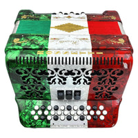 Rossetti 3412-FBE-RWG 3 Row, 3-Switch, 34 Treble, 12 Bass Diatonic Button Accordion in Red/White/Green - F, B, E Tuning