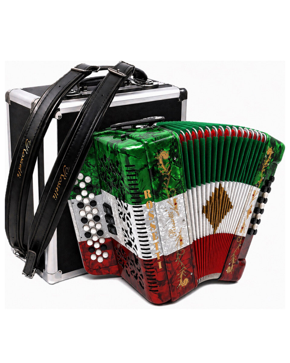 Rossetti 3412-GCF-RWG 3 Row, 3-Switch, 34 Treble, 12 Bass Diatonic Button Accordion in Red/White/Green - G,C,F Tuning