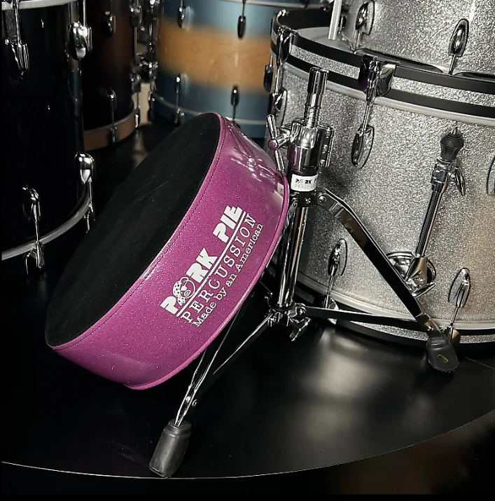 Pork Pie Round Drum Throne in Black Velvet Crush Top with Purple Sparkle Side