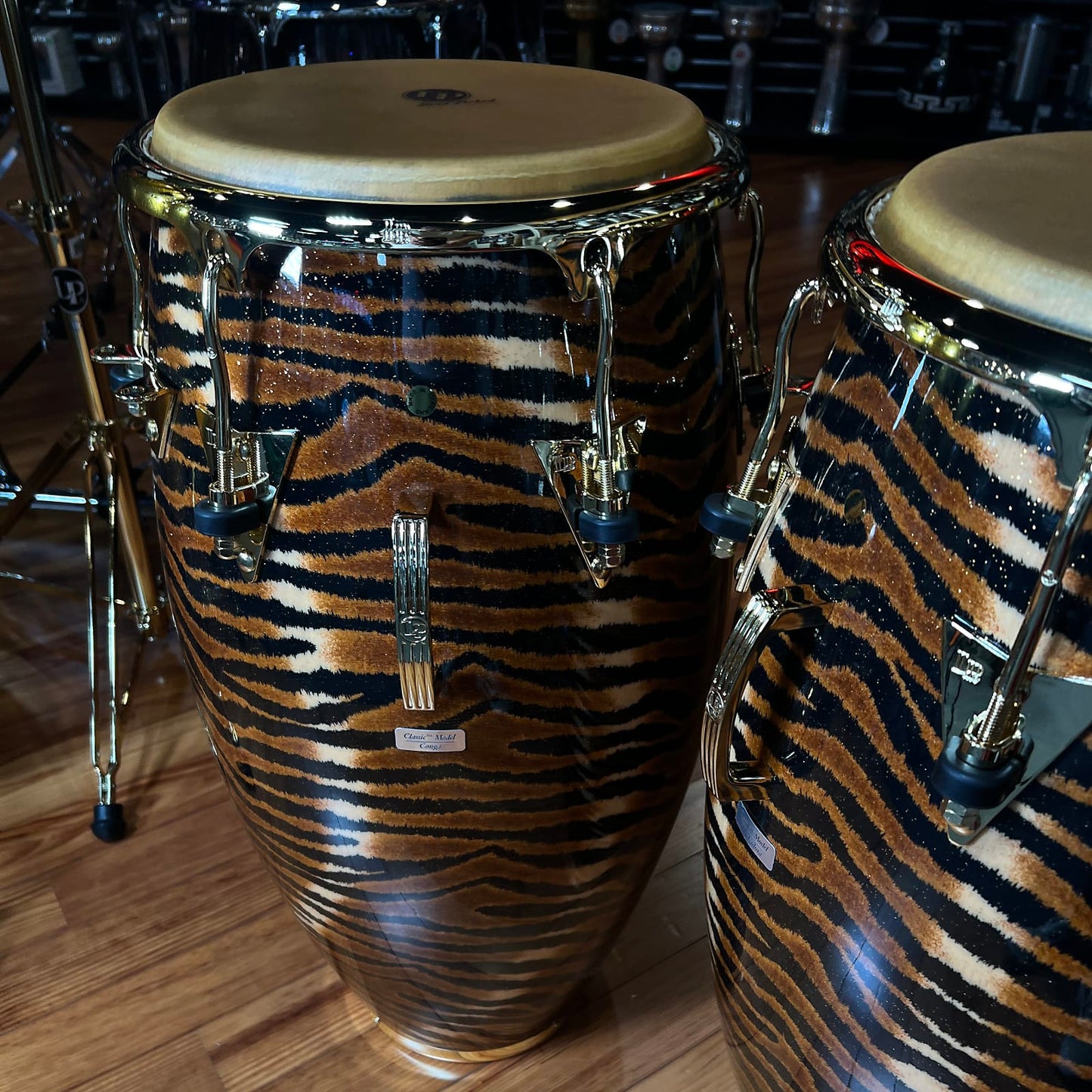 LP Latin Percussion Raul Rekow Signature Tiger Print Conga Tumba Duo Pair Set w/ Gold Hardware