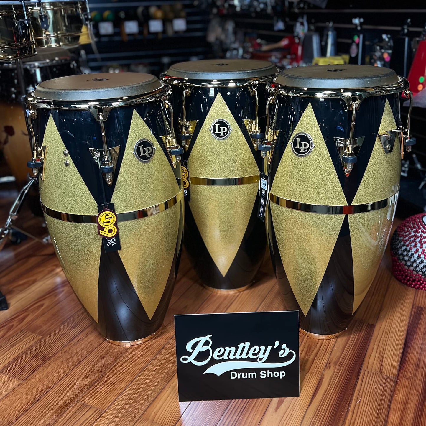 *Bentley's Exclusive* LP Latin Percussion Fiberglass Patato Quinto/Conga/Tumba Trio Set in Black & Gold Diamond Sparkle w/ Gold Hardware