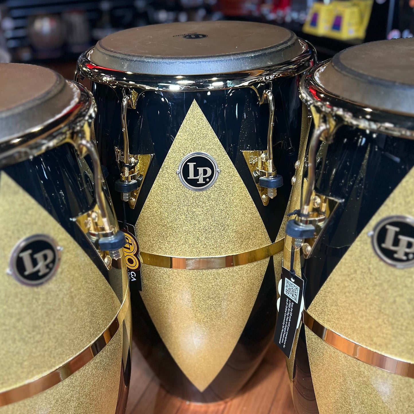 *Bentley's Exclusive* LP Latin Percussion Fiberglass Patato Quinto/Conga/Tumba Trio Set in Black & Gold Diamond Sparkle w/ Gold Hardware