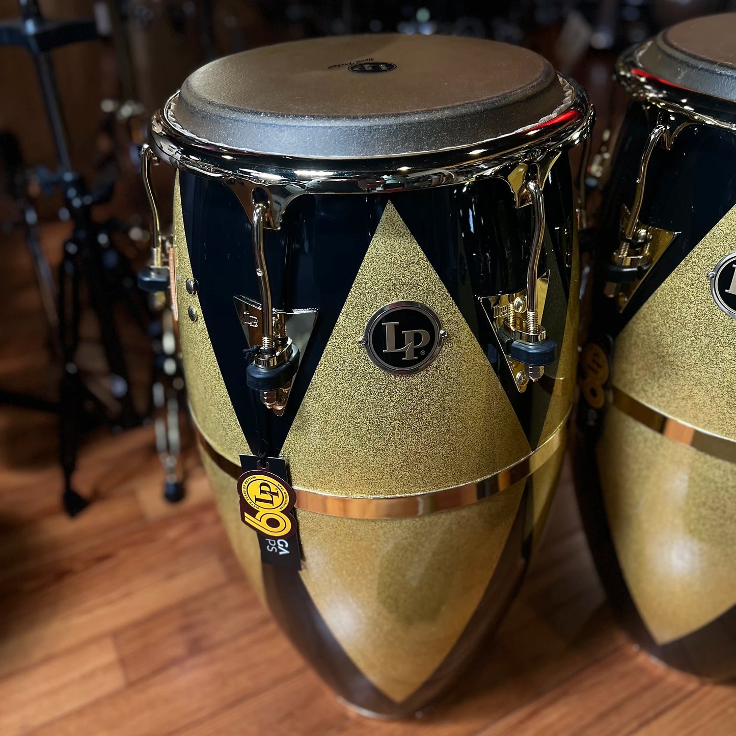 *Bentley's Exclusive* LP Latin Percussion Fiberglass Patato Quinto/Conga/Tumba Trio Set in Black & Gold Diamond Sparkle w/ Gold Hardware