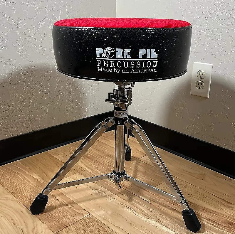 Pork Pie Round Drum Throne in Red Velvet Swirl Top with Black Sparkle Side