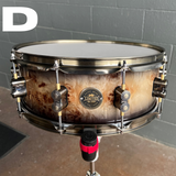 Limited Edition PDP PDLT5514SSMB Maple 5.5x14" Snare Drum in Exotic Mapa Burl To Candy Black Burst Lacquer with Antique Bronze Burst Hardware