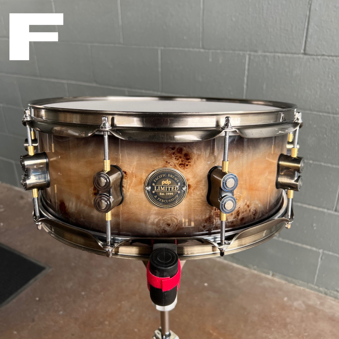 *Limited Edition* PDP PDLT5514SSMB Concept Maple 5.5x14" Snare Drum in Exotic Mapa Burl To Candy Black Burst Lacquer w/ Antique Bronze Burst Hardware (F)