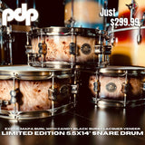 Limited Edition PDP PDLT5514SSMB Maple 5.5x14" Snare Drum in Exotic Mapa Burl To Candy Black Burst Lacquer with Antique Bronze Burst Hardware