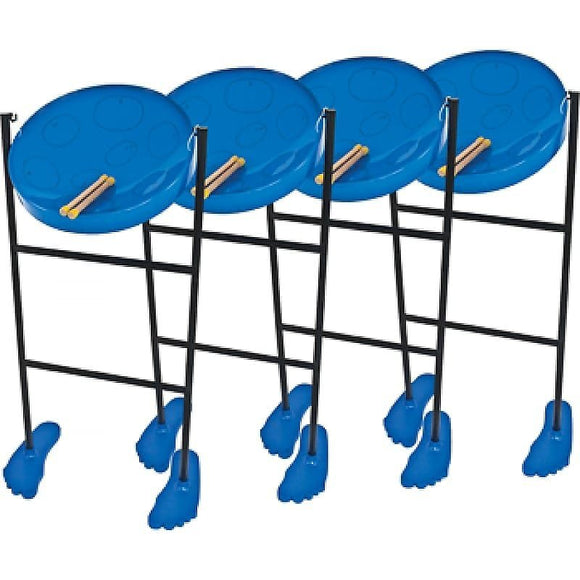 Panyard W1078 Jumbie Jam Educator Blue Steel Drum Pan 4-Pack w/ Tube Floor Stand & Fun Feet Base