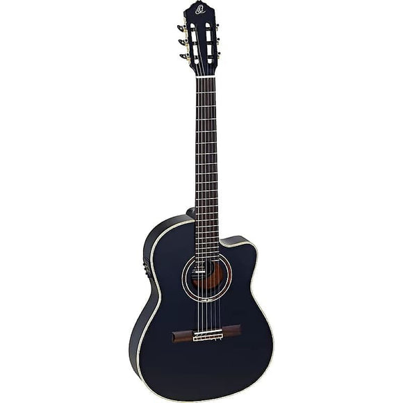 Ortega Guitars Performer Series A/E Thinline Body Nylon String Guitar in Black Gloss w/ Gig Bag