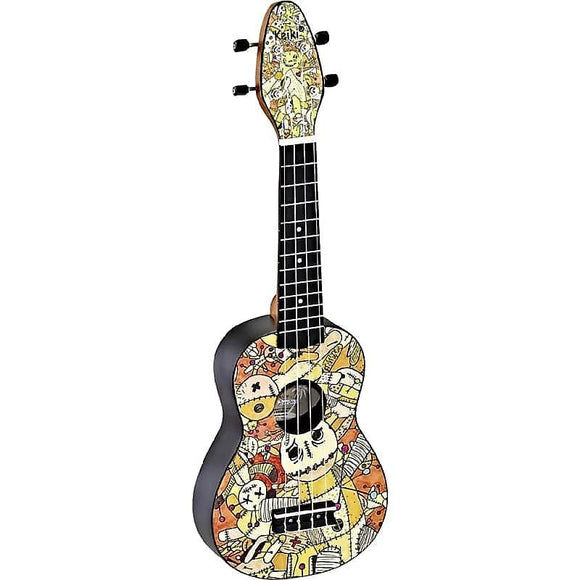 Ortega Guitars K2-VP Keiki Soprano Ukulele in Custom Voodoo Puppet Design Print