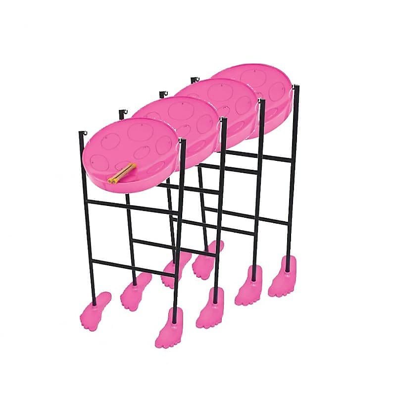 Lot de 4 poêles à tambour en acier rose Panyard W1079 Jumbie Jam Educator avec support de sol tubulaire et base Fun Feet