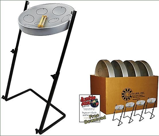Panyard W1178 Jumbie Jam Educator Silver Steel Drum Pan 4-Pack w/ Metal Z-Floor Stand