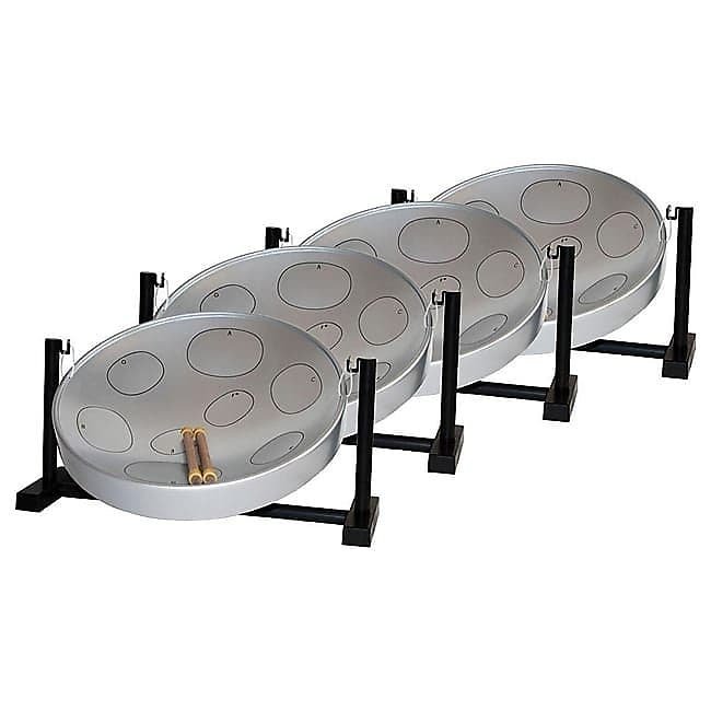 Lot de 4 poêles à tambour en acier argenté Panyard W1089 Jumbie Jam Educator avec support de table en tube métallique