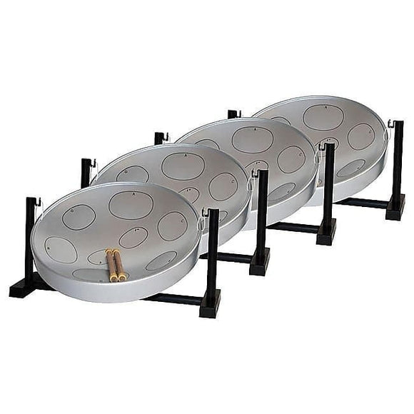 Panyard W1089 Jumbie Jam Educator Silver Steel Drum Pan 4-Pack w/ Metal Tube Table Stand