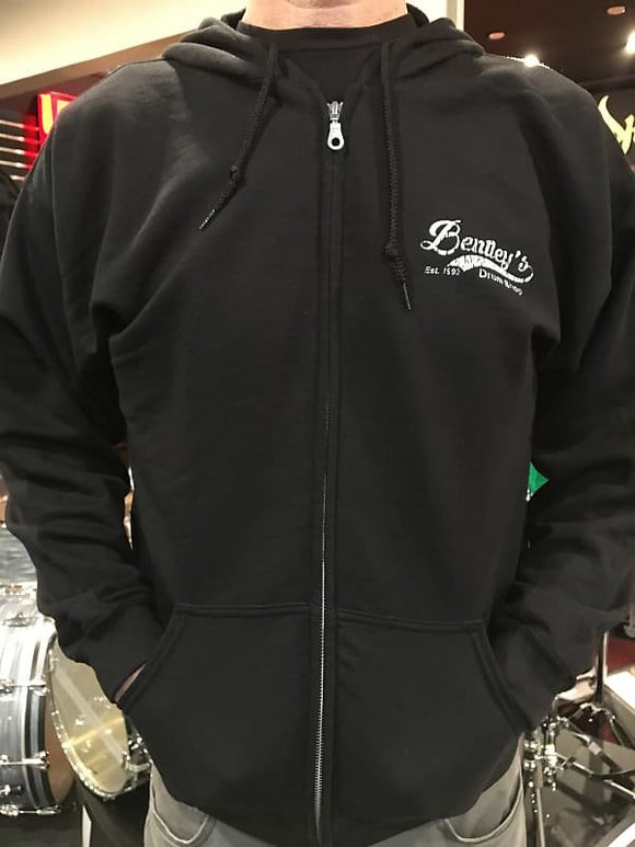 Bentley's Drum Shop Zip-Up Hoodie Sweater in Black w/ White Distressed Logo