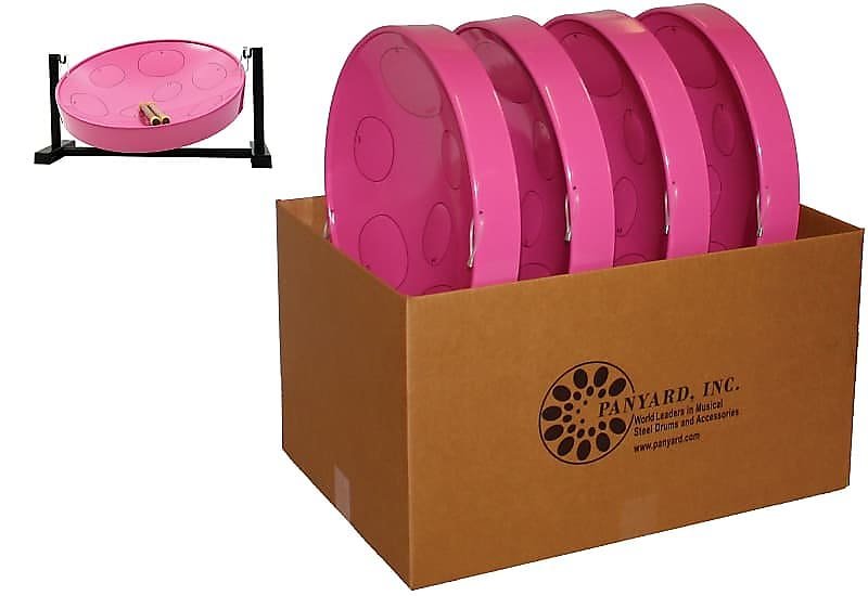 Lot de 4 poêles à tambour en acier rose Panyard W1091 Jumbie Jam Educator avec support de table en tube métallique