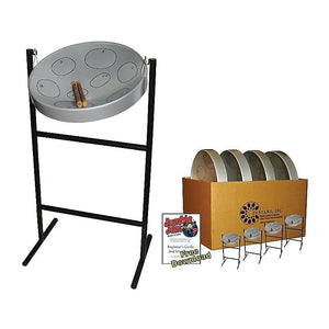 Panyard W1077 Jumbie Jam Educator Silver Steel Drum Pan 4-Pack w/ Metal Tube Floor Stand