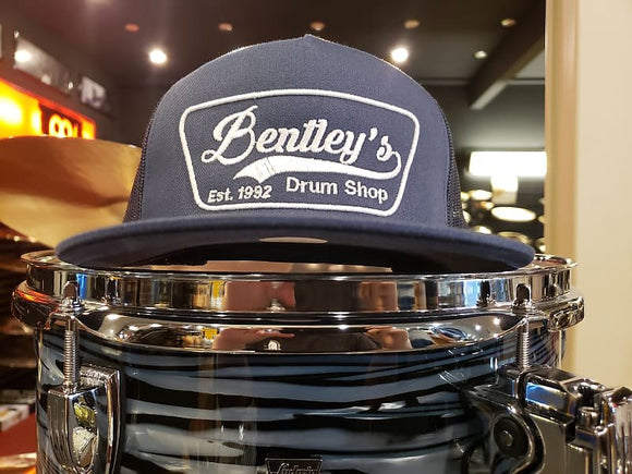 Bentley's Drum Shop Trucker Snapback Hat in Navy Blue