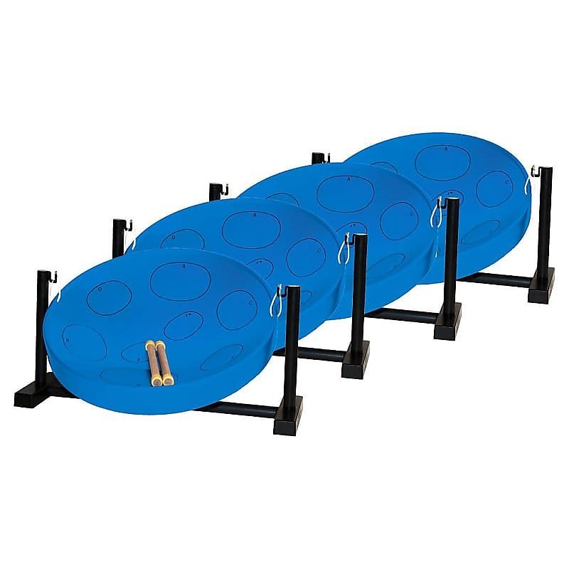 Lot de 4 poêles à tambour en acier bleu Panyard W1090 Jumbie Jam Educator avec support de table en tube métallique