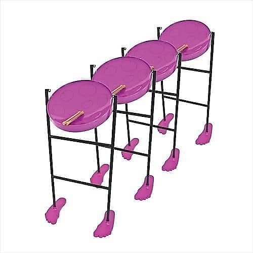 Lot de 4 poêles à tambour en acier violet Panyard W1080 Jumbie Jam Educator avec support de sol tubulaire et base Fun Feet