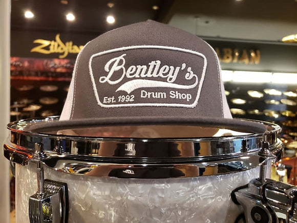 Bentley's Drum Shop Trucker Snapback Hat in Grey and White